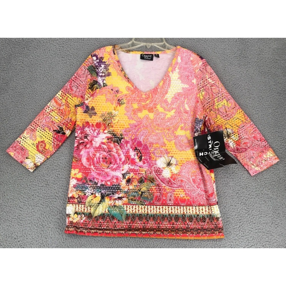 Onque Casual Tunic Top Size M 3/4 Mesh Sleeves Multicolor Floral